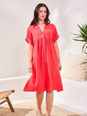 Tribal Coral Red Button-Front Midi Dress